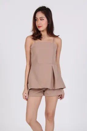 2 Piece Side Pleat Spag Top with Shorts in Beige