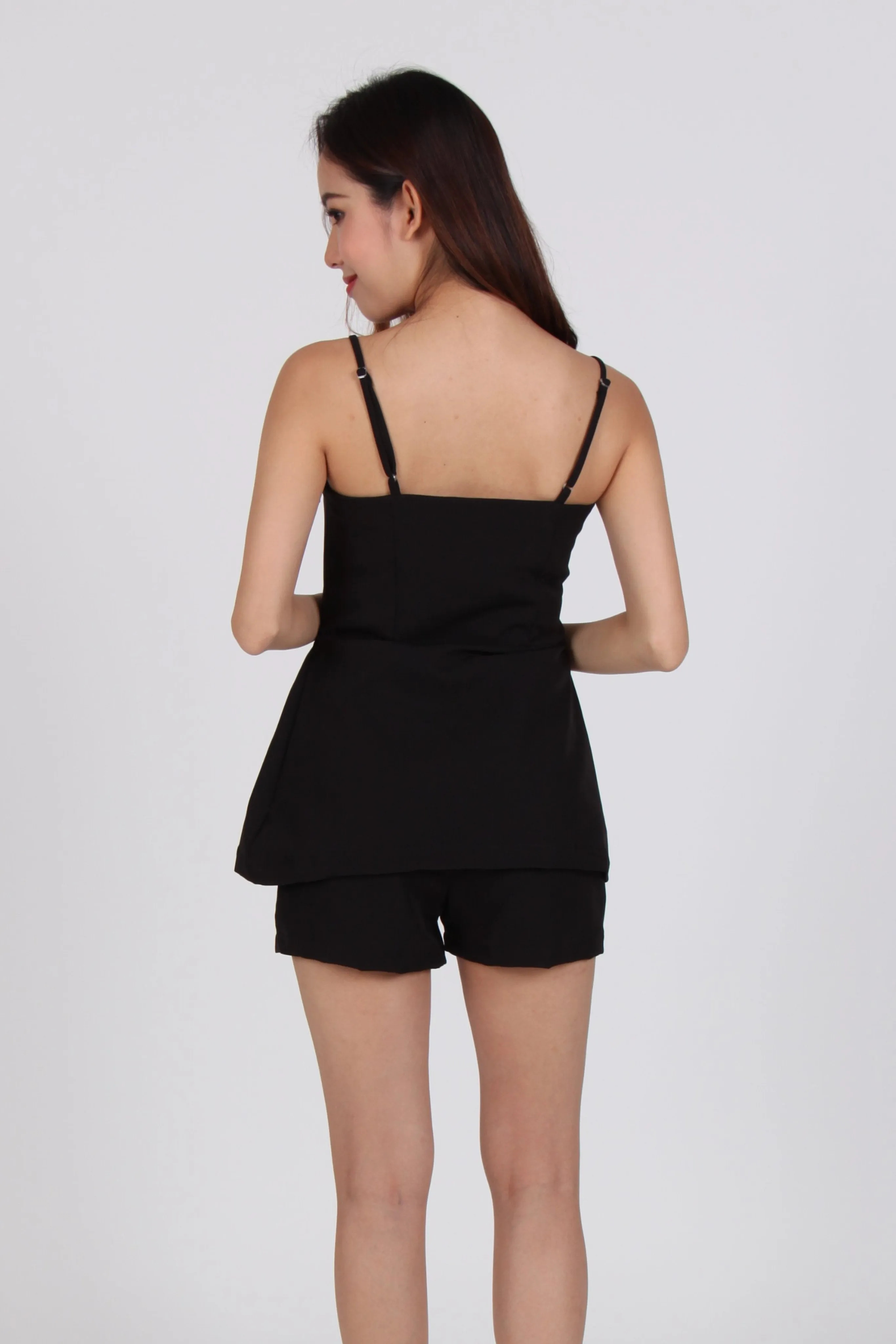 2 Piece Side Pleat Spag Top with Shorts in Black