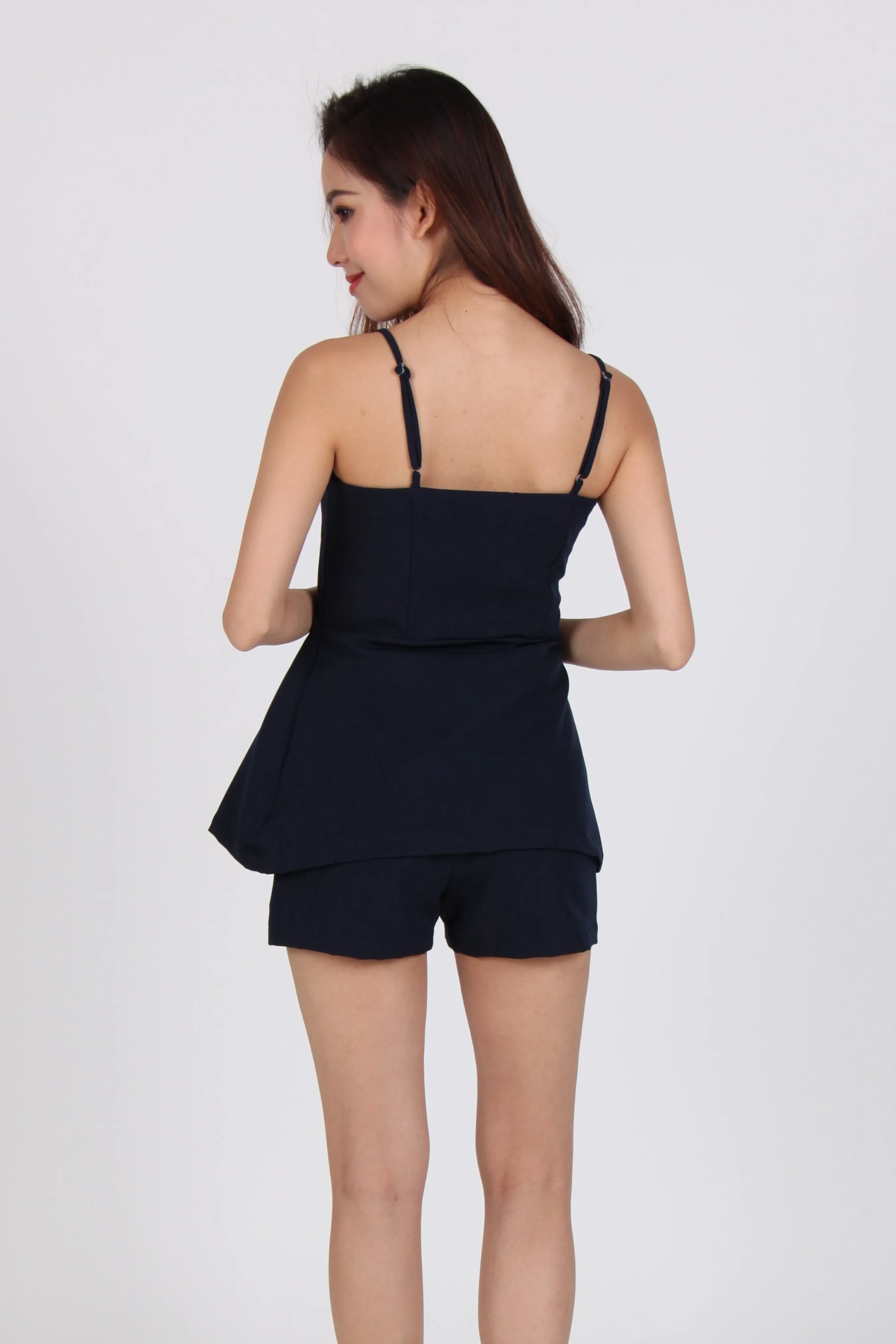 2 Piece Side Pleat Spag Top with Shorts in Navy Blue