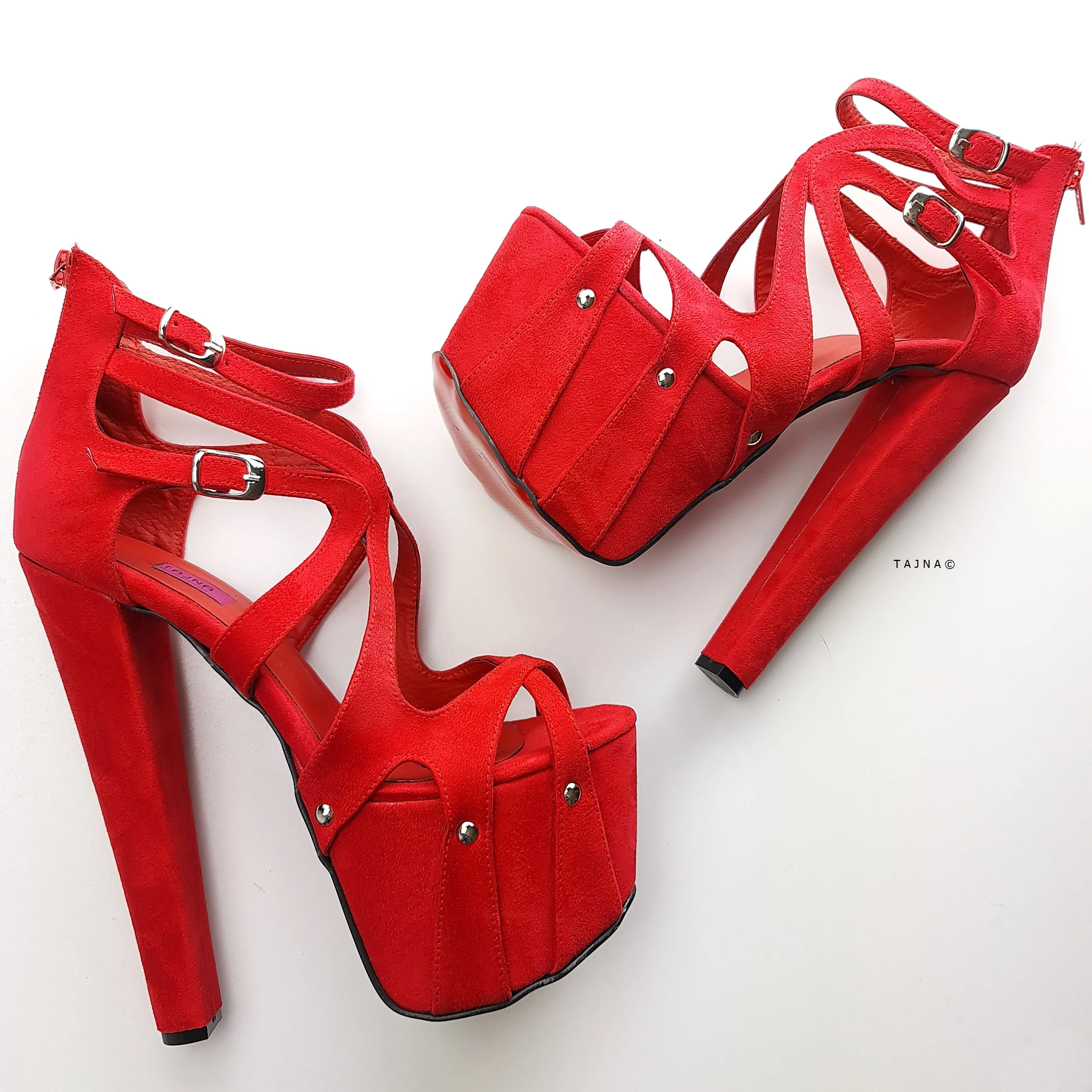 Ankle Cut Red Suede Cage Chunky High Heels