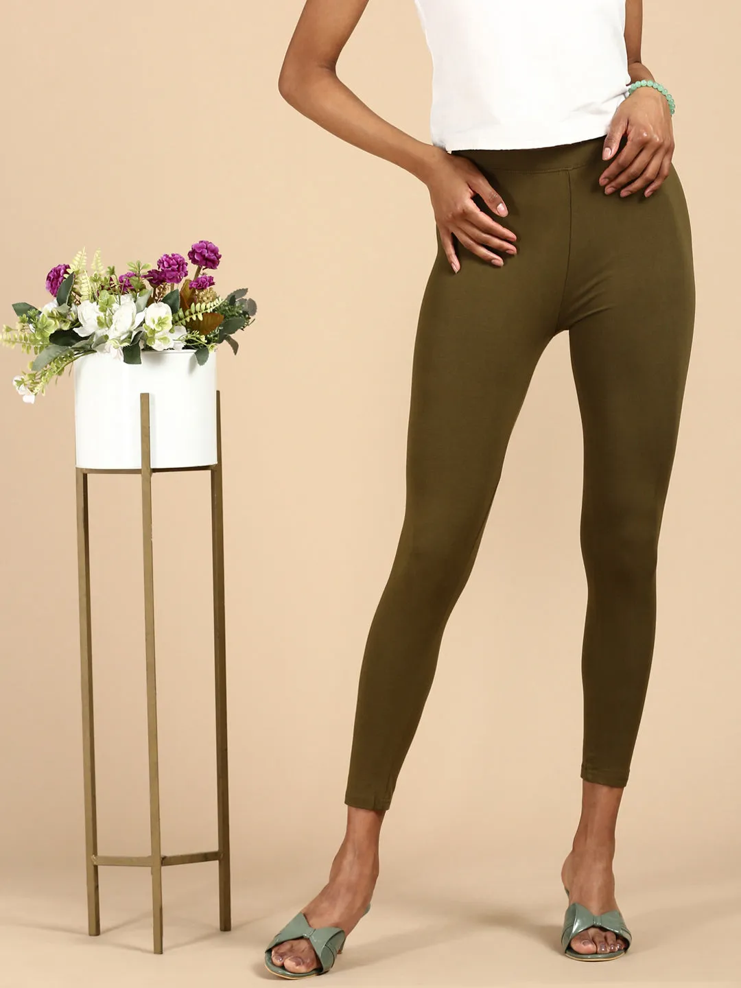 Ankle Length Leggings Viscose-Olive Green