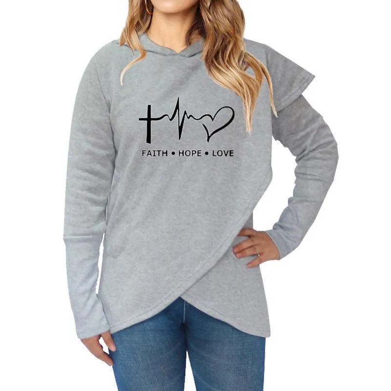 Autumn Winter Women Hoodies Sweatshirts Casual Plus Size Faith Printed Hooded Sweatshirt