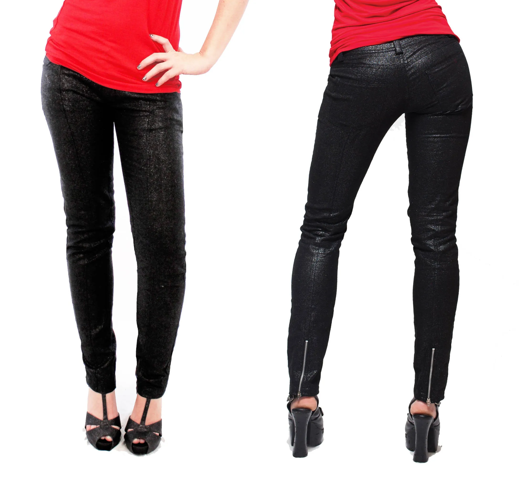 Black glitter skull studded ankle zip skinny jeans