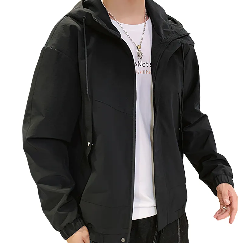 Black Multi-Pocket Cargo Jackets in Rock Style / Zipper Casual Hooded Outerwear for Men