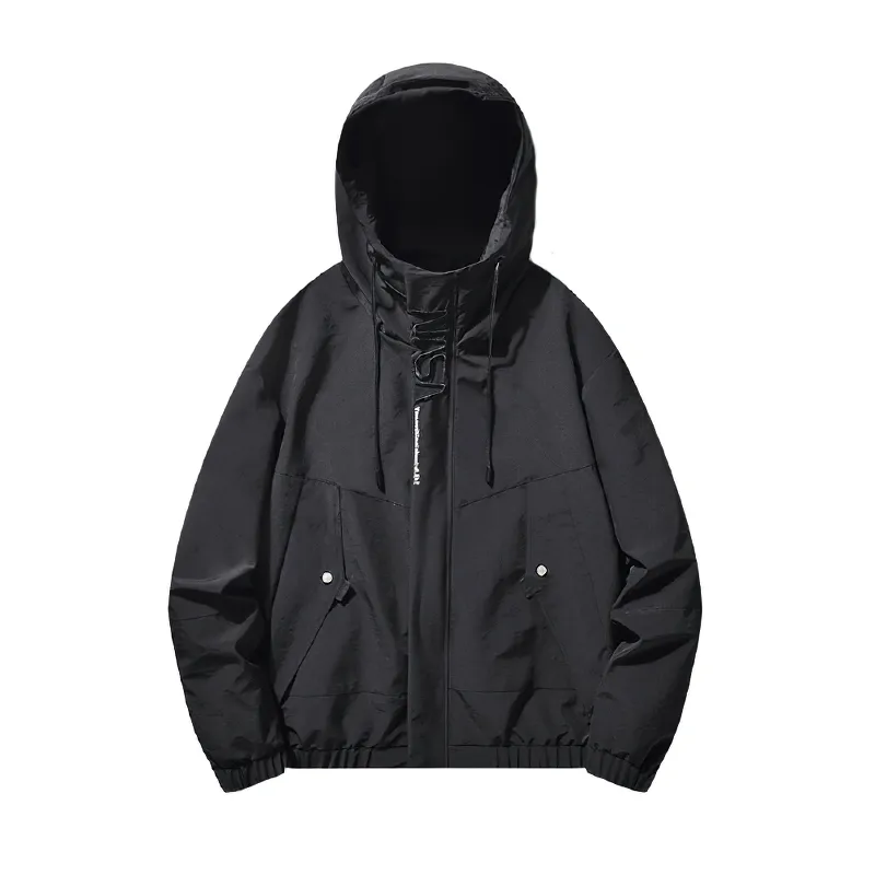 Black Multi-Pocket Cargo Jackets in Rock Style / Zipper Casual Hooded Outerwear for Men