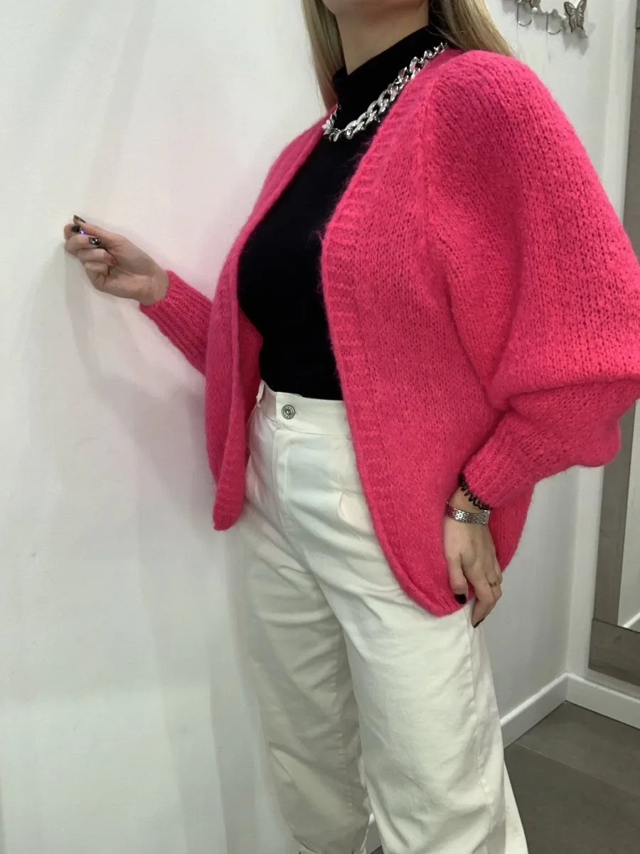 Cardigan fucsia di lana con manica a palloncino