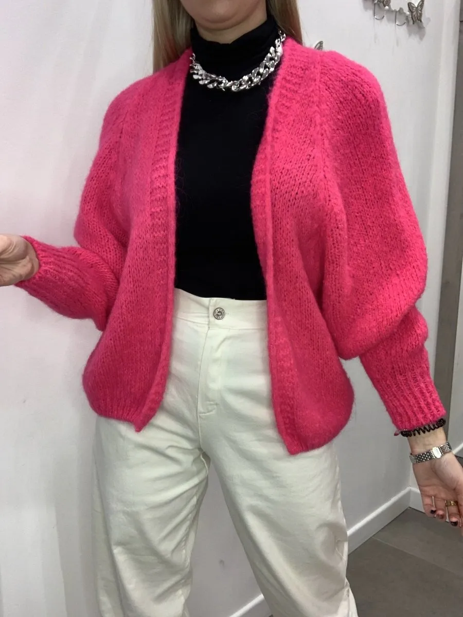 Cardigan fucsia di lana con manica a palloncino