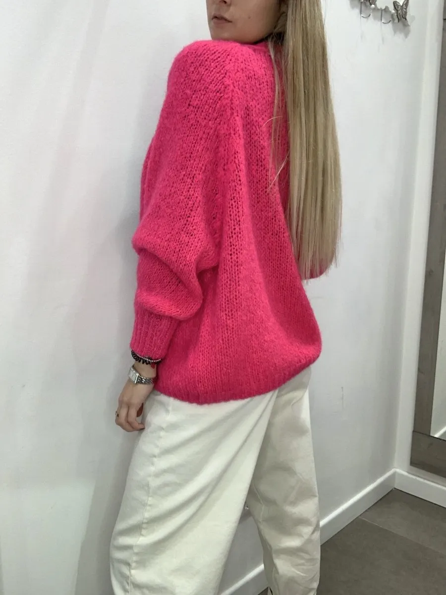 Cardigan fucsia di lana con manica a palloncino