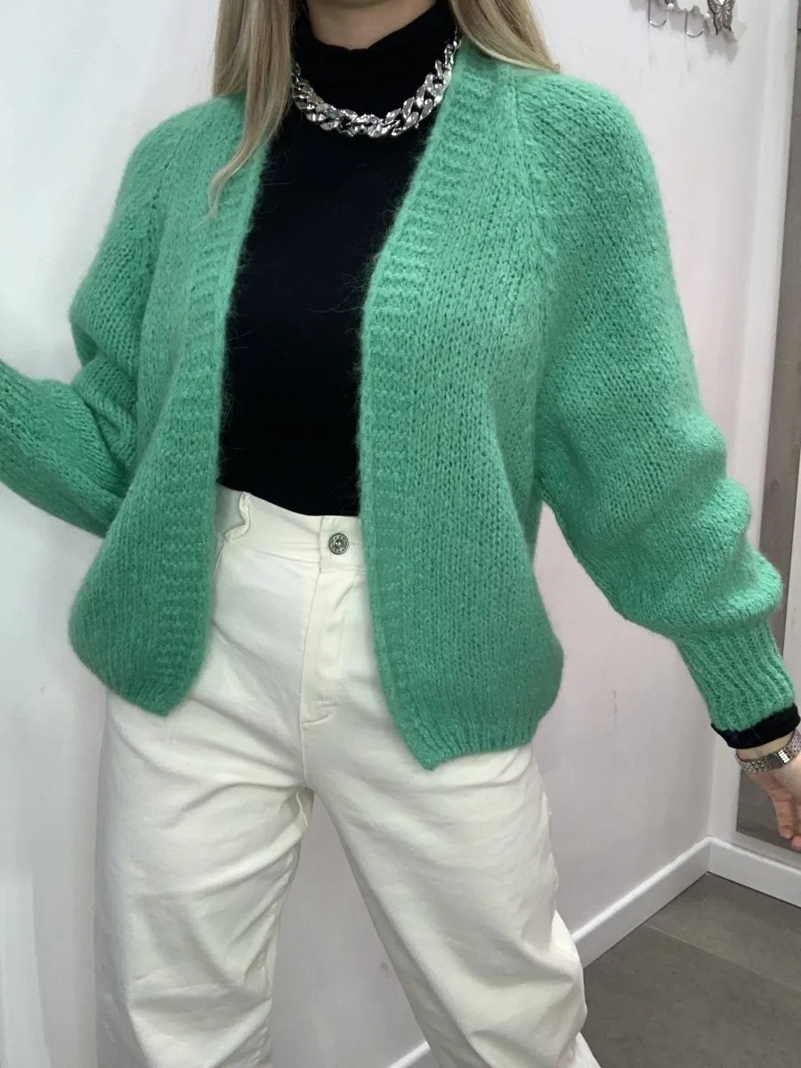 Cardigan verde di lana con manica a palloncino