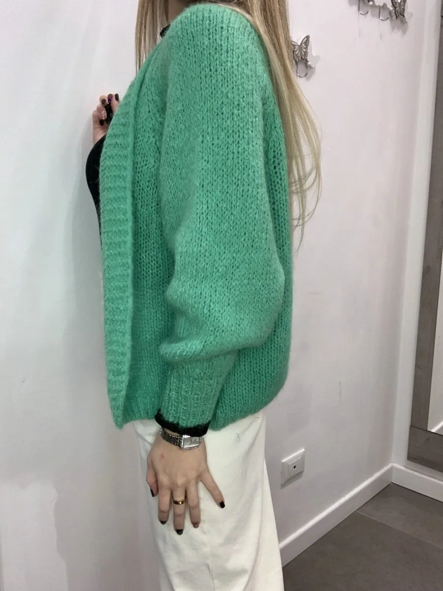 Cardigan verde di lana con manica a palloncino