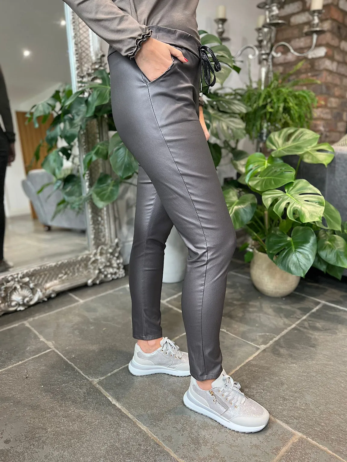 Charcoal Pleather Drawstring Trousers