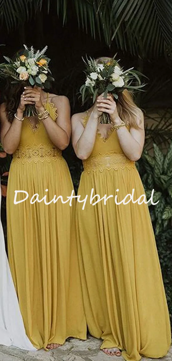 Charming V-neck Chiffon Lace Long Bridesmaid Dresses.DB10754