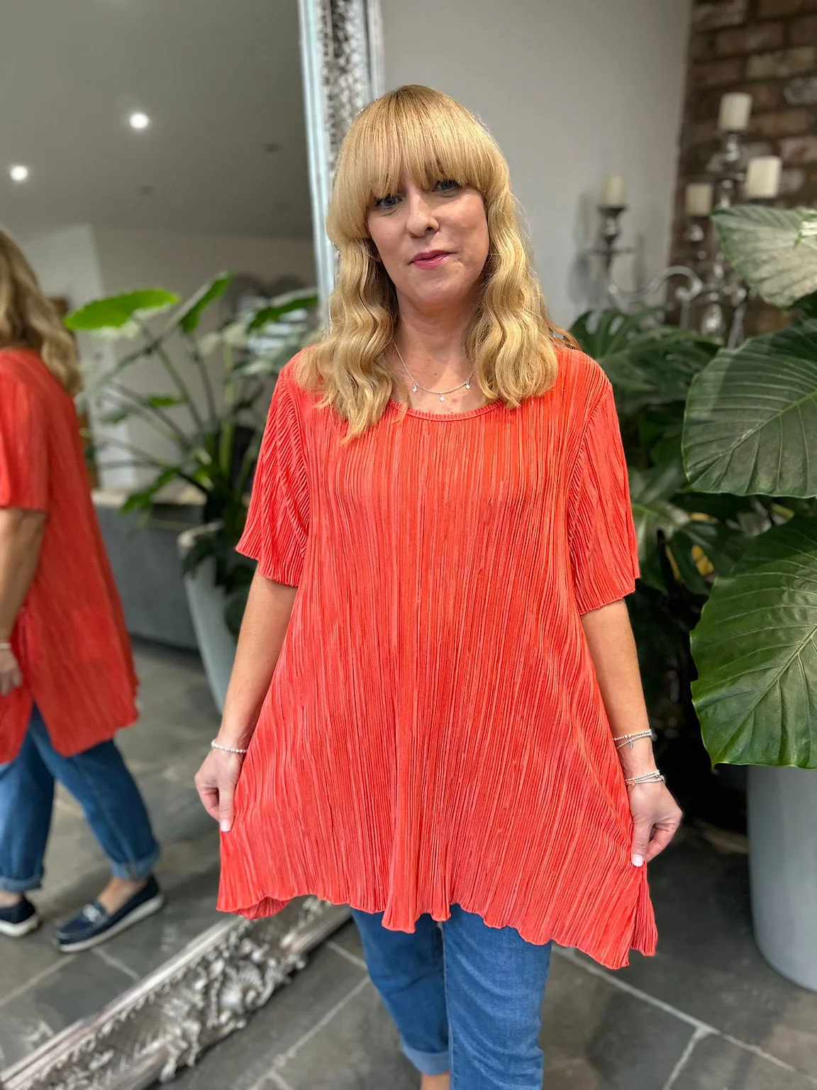 Coral Shimmer Pleated Blouse Bailey