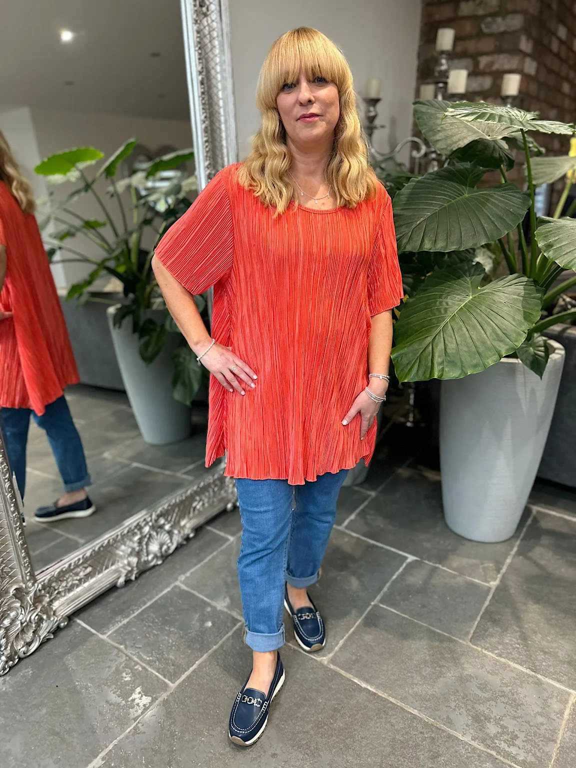 Coral Shimmer Pleated Blouse Bailey