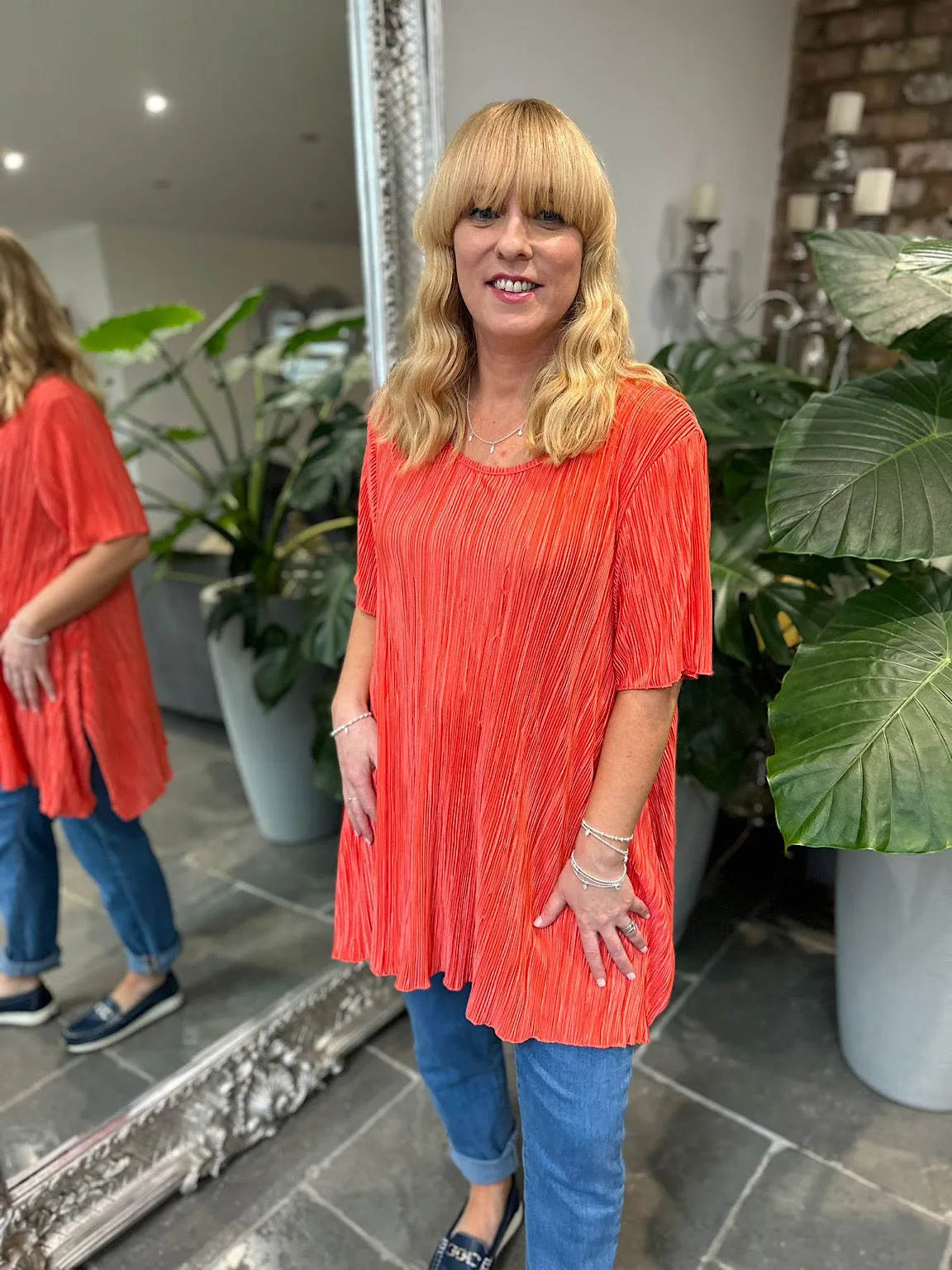 Coral Shimmer Pleated Blouse Bailey