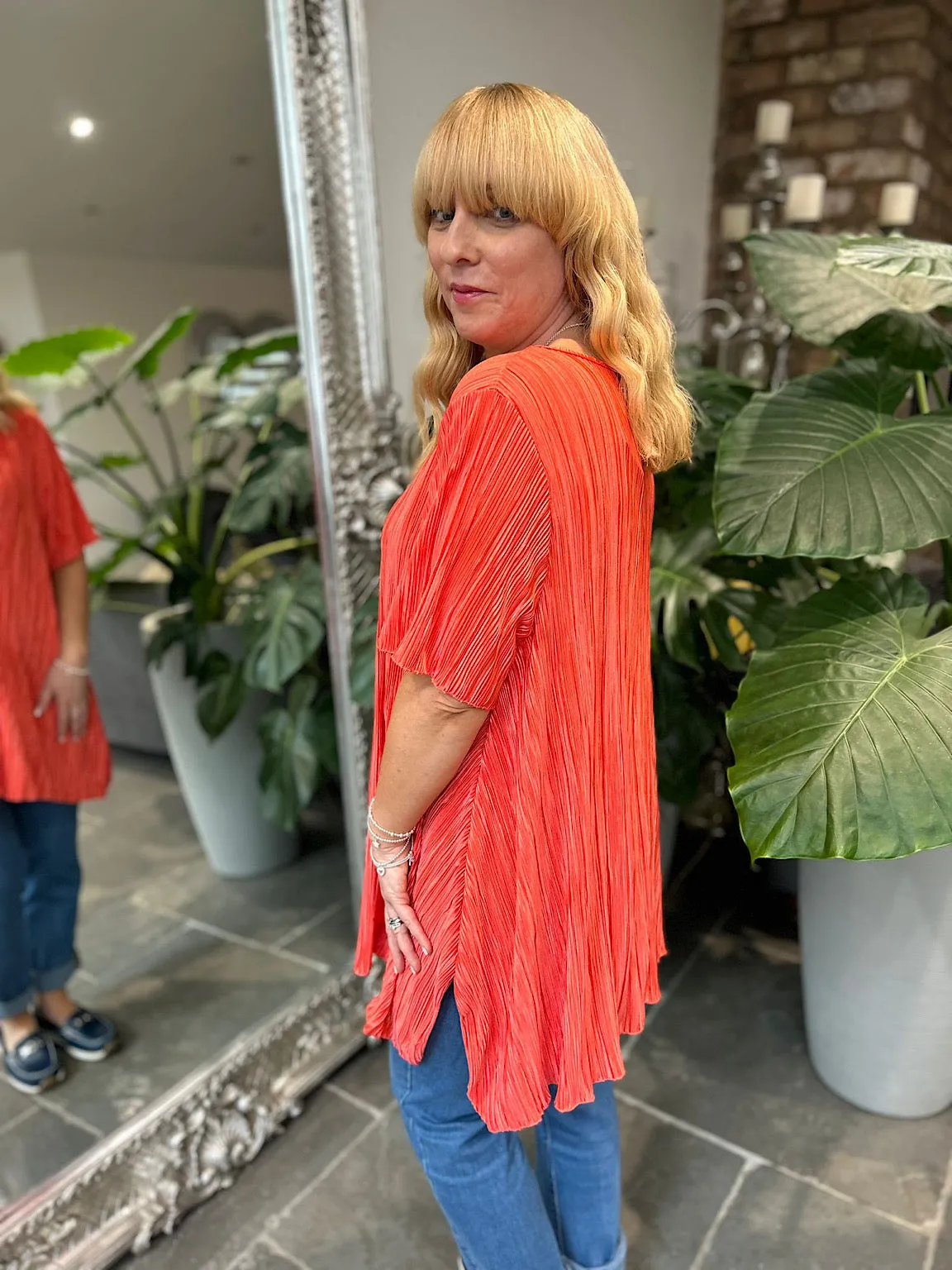 Coral Shimmer Pleated Blouse Bailey