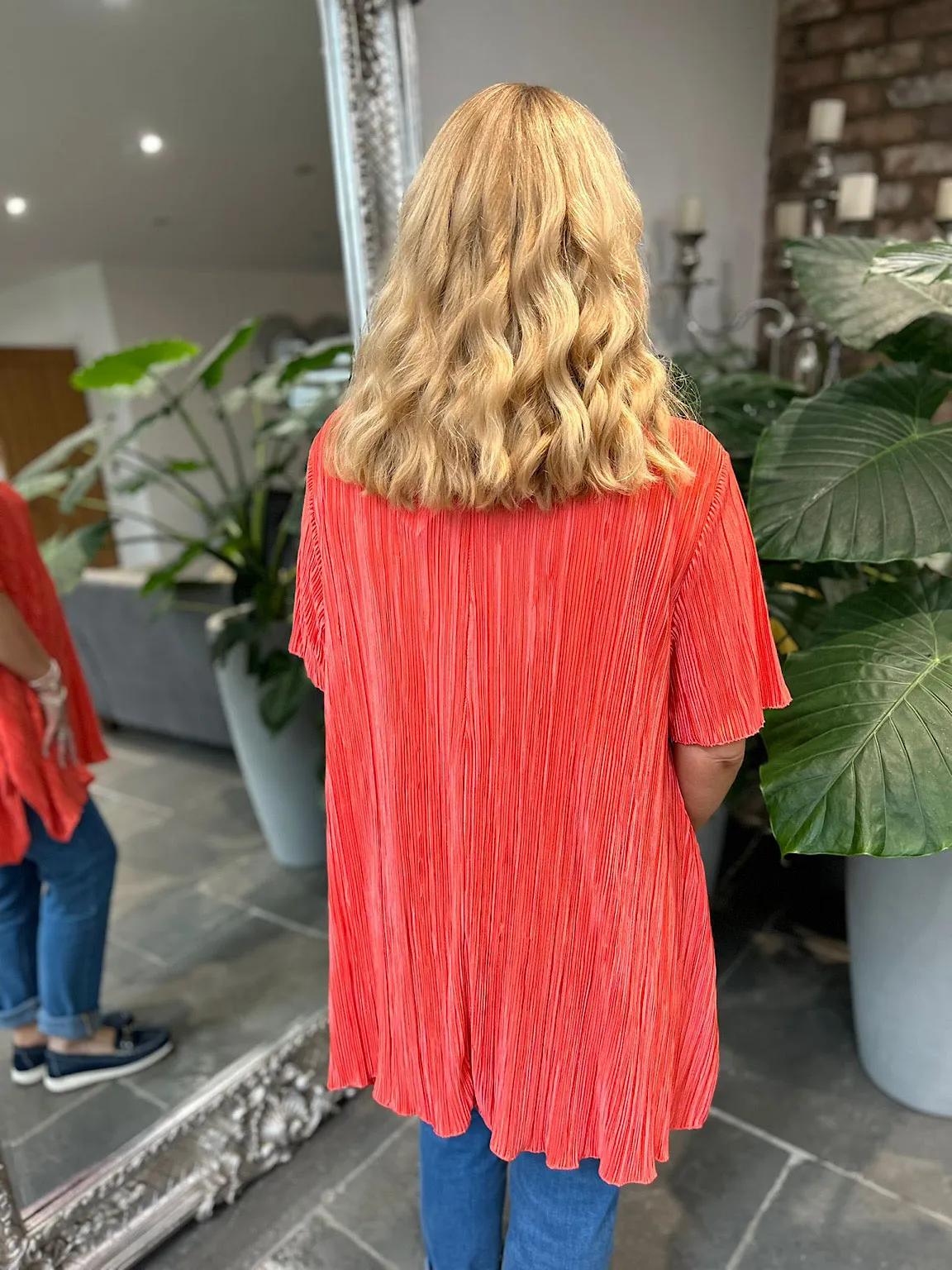 Coral Shimmer Pleated Blouse Bailey