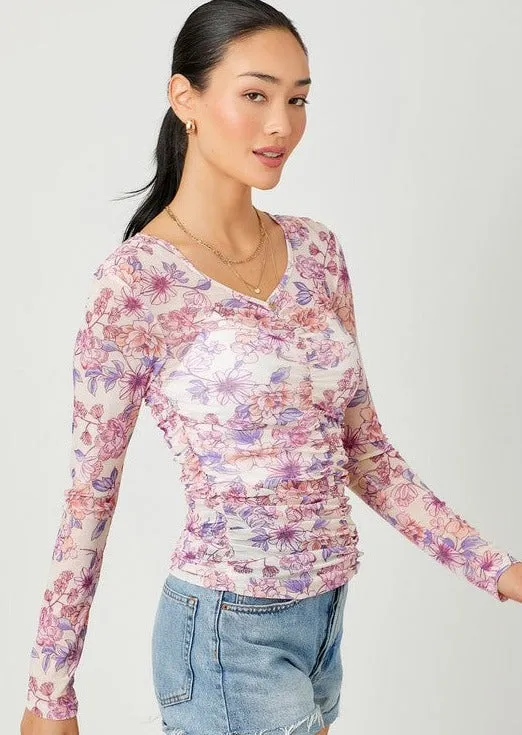 Cream Floral Ruched Top