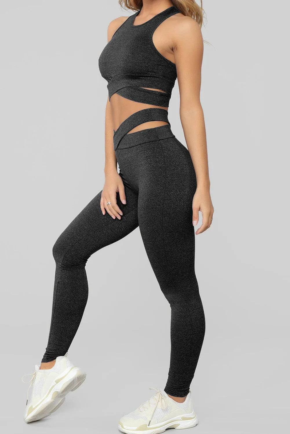 Crisscross Sports Bra and Leggings Set - Black