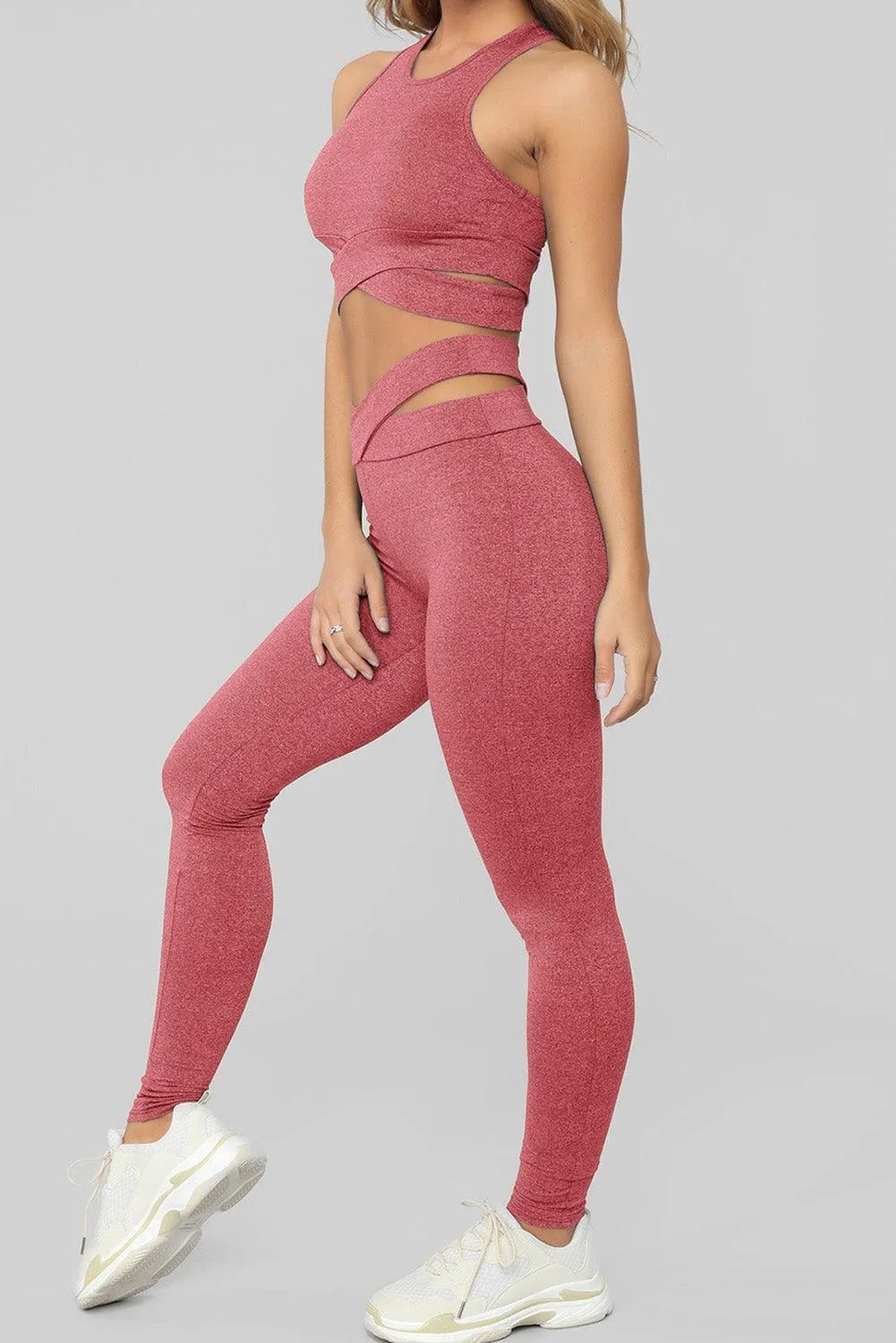 Crisscross Sports Bra and Leggings Set - Pink