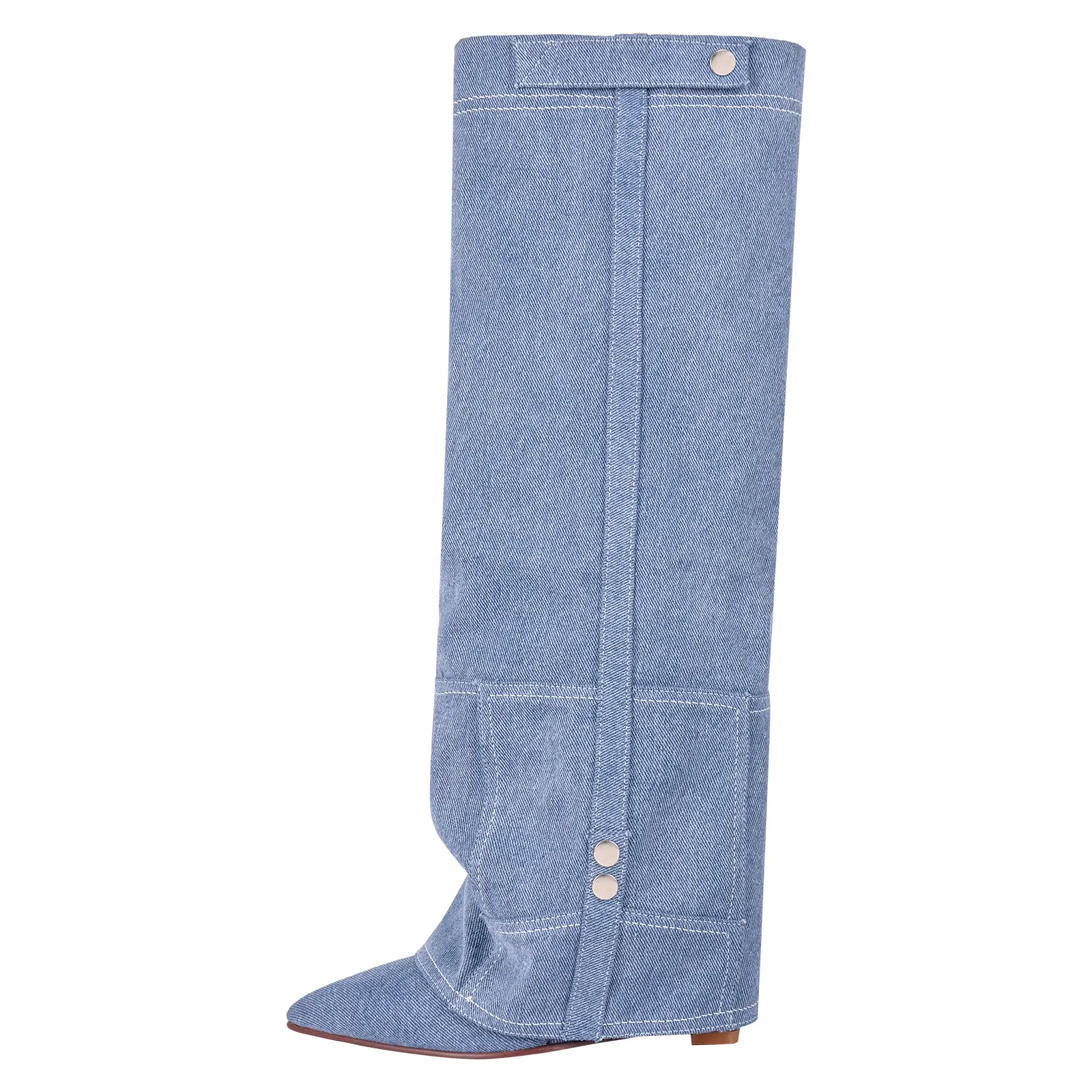 Denim Pointed Toe Wedge Heel Fold Over Boots