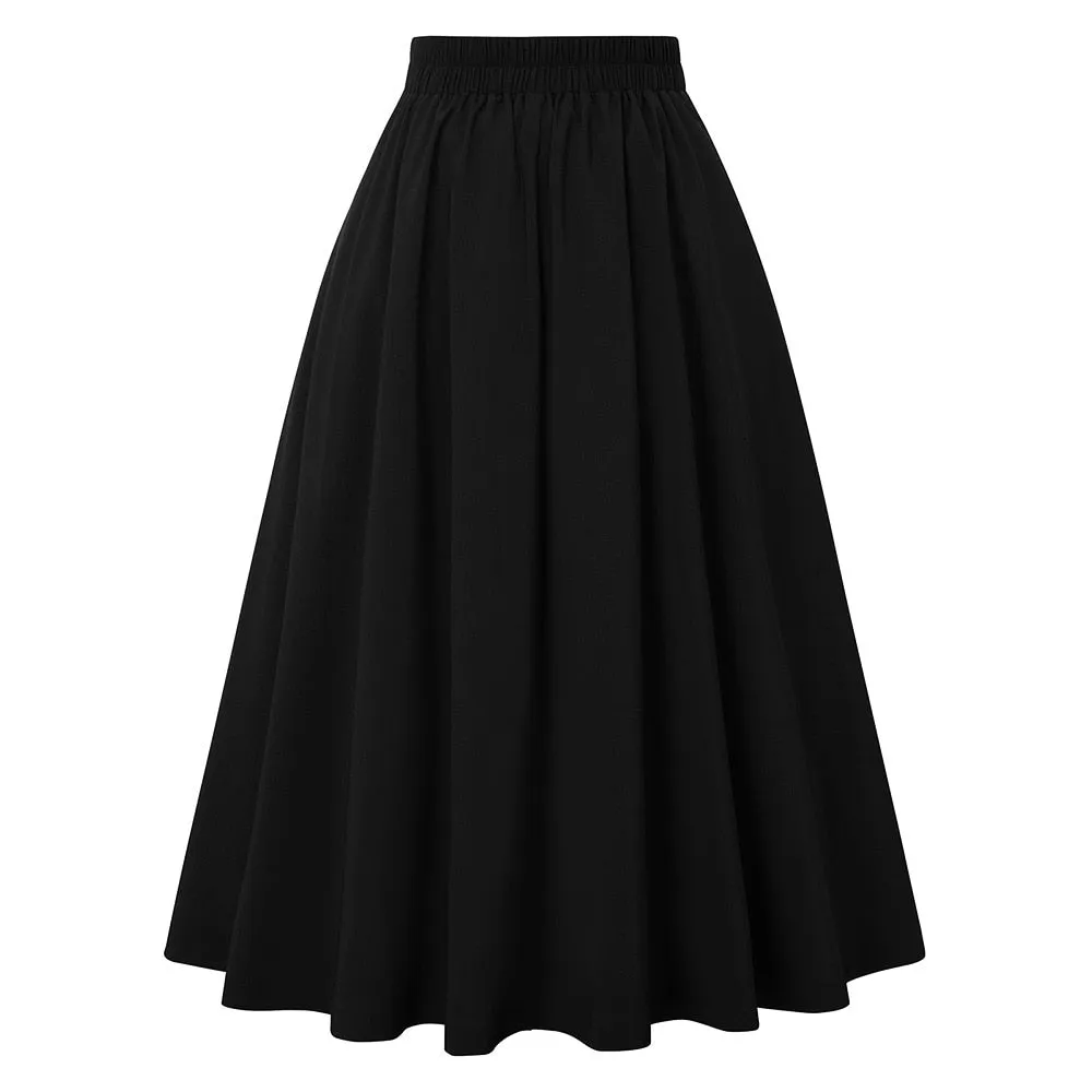 Elastic Waist A Line Elegant Flared Midi Skirts Solid Color