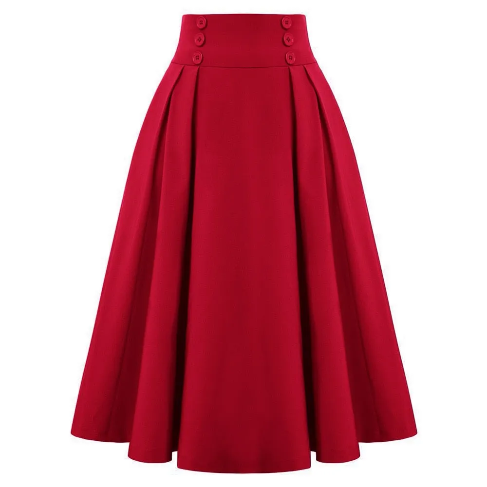 Elastic Waist A Line Elegant Flared Midi Skirts Solid Color