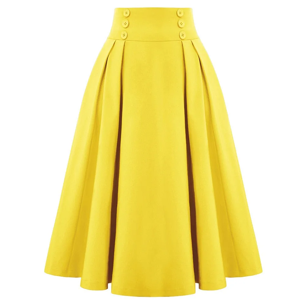 Elastic Waist A Line Elegant Flared Midi Skirts Solid Color