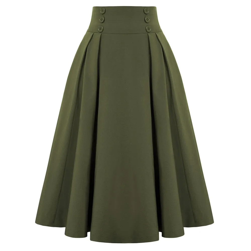 Elastic Waist A Line Elegant Flared Midi Skirts Solid Color