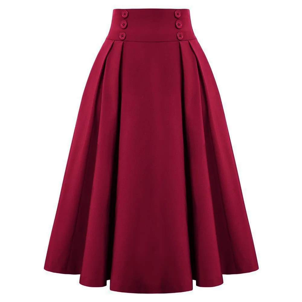 Elastic Waist A Line Elegant Flared Midi Skirts Solid Color