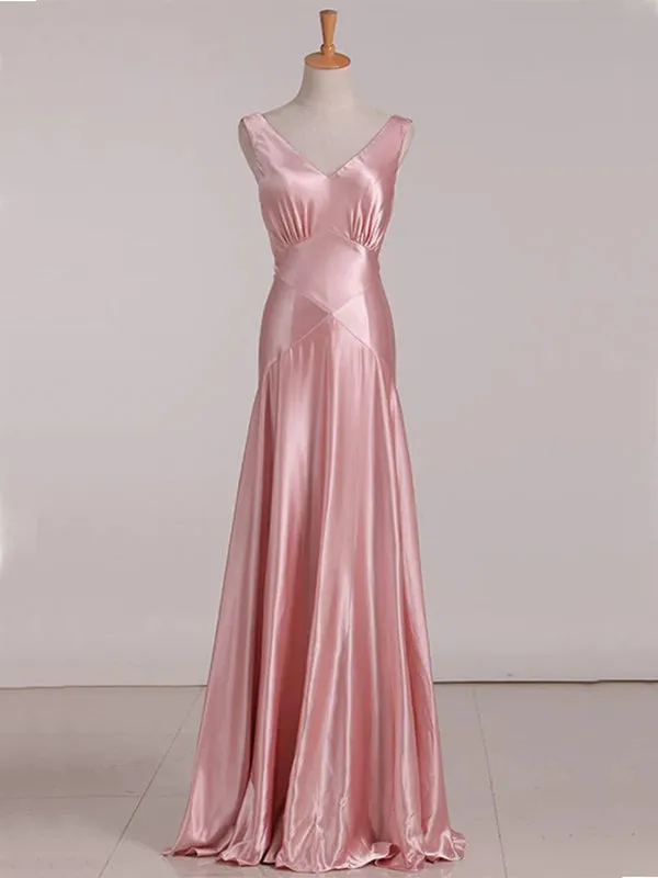 Elegant Sleeveless V-Neck A-line Satin Blulshing Pink Long Evening Prom Dress Online, OL028