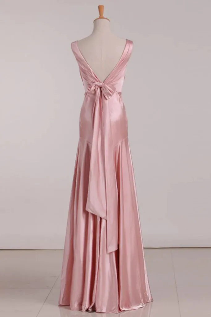 Elegant Sleeveless V-Neck A-line Satin Blulshing Pink Long Evening Prom Dress Online, OL028