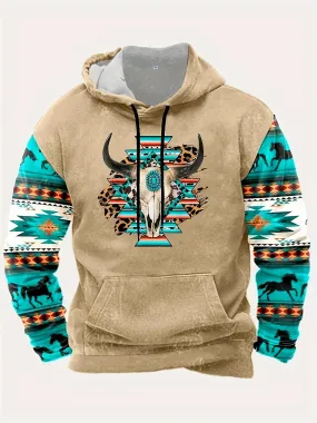 Ethnic Style Antelope Print Men's Chic Long Sleeve Hooded Sweatshirt With Kangaroo Pocket For Fall Winter