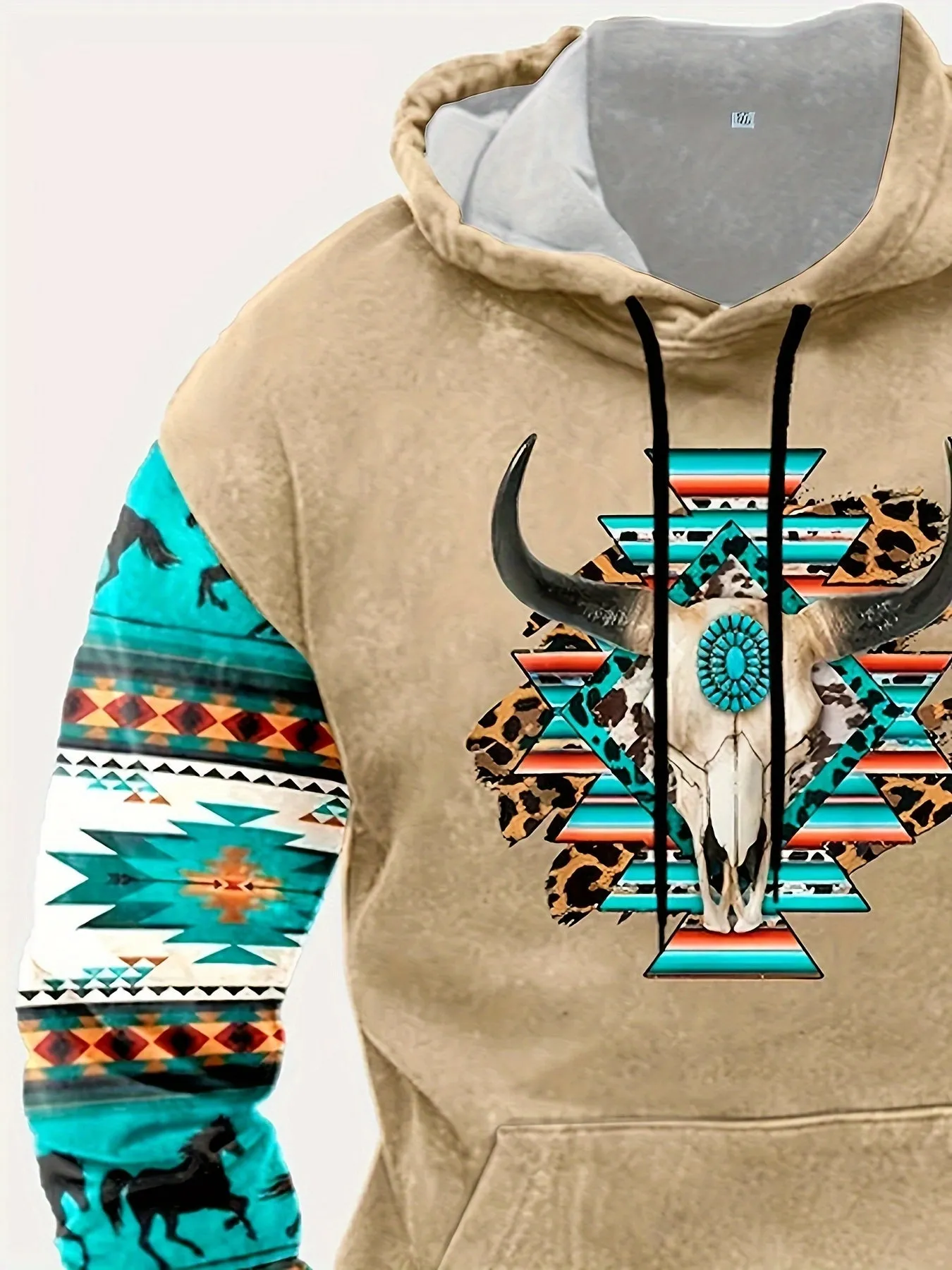 Ethnic Style Antelope Print Men's Chic Long Sleeve Hooded Sweatshirt With Kangaroo Pocket For Fall Winter