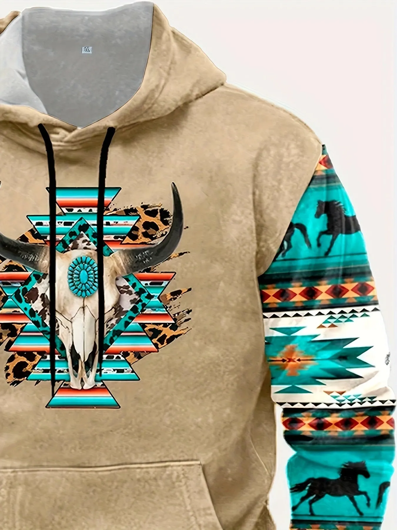 Ethnic Style Antelope Print Men's Chic Long Sleeve Hooded Sweatshirt With Kangaroo Pocket For Fall Winter