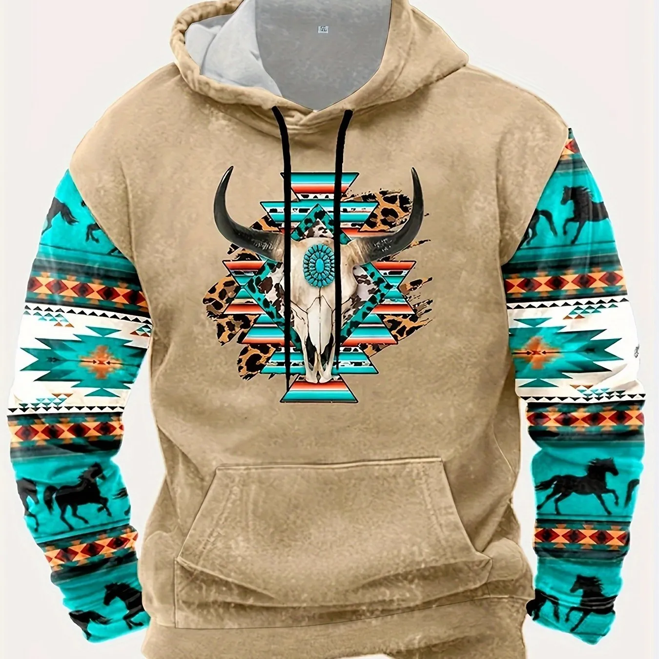 Ethnic Style Antelope Print Men's Chic Long Sleeve Hooded Sweatshirt With Kangaroo Pocket For Fall Winter