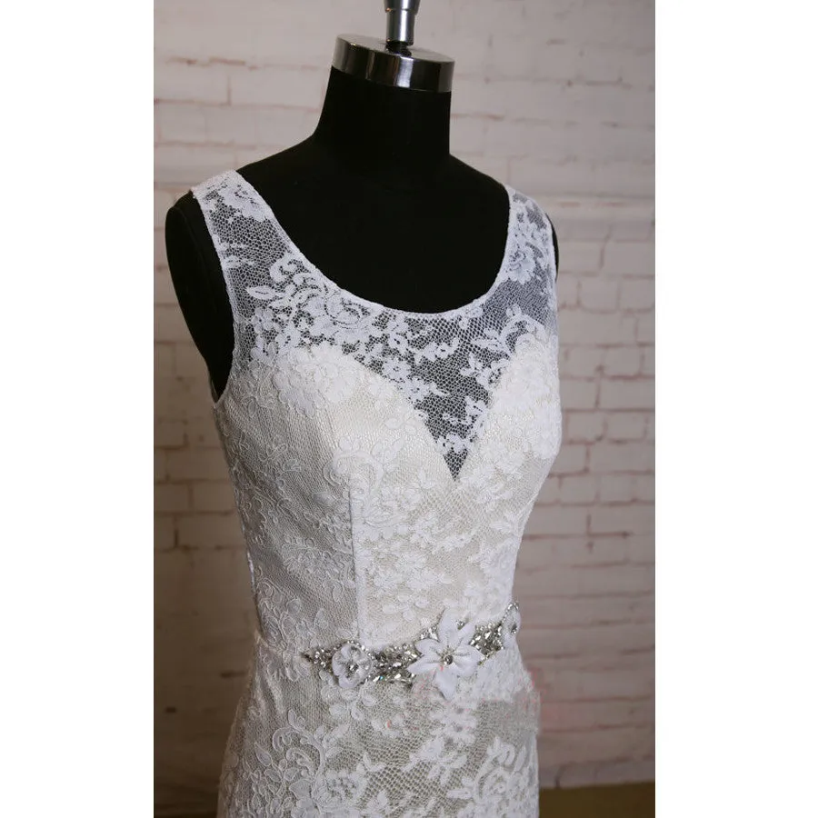 Fashion Ivory Lace Elegant Scoop Neck Open Back Vintage Column Sweep Trailing Wedding Dresses, WD0081