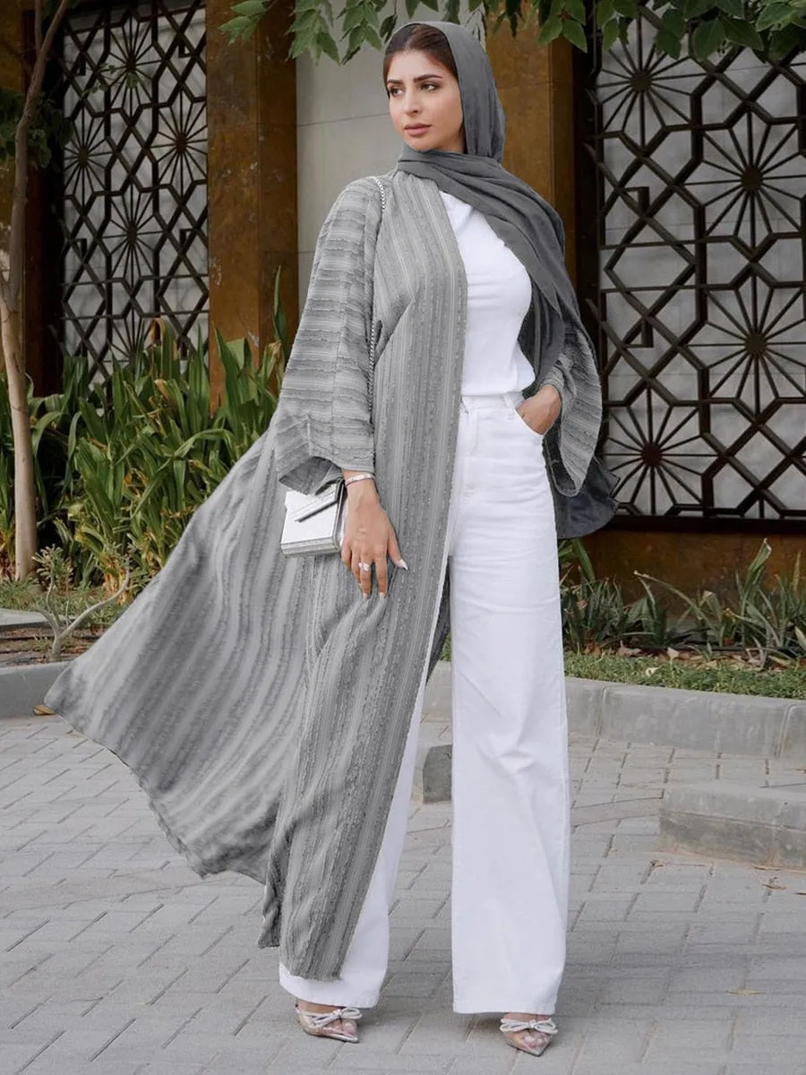 Fashion Muslim Kimono Abaya Solid Striped Retro Ethnic Cardigan