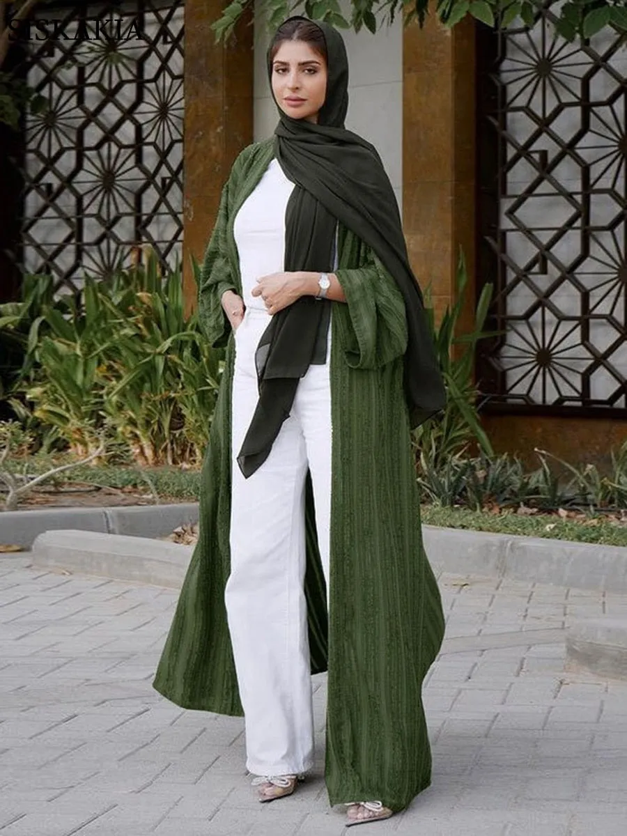 Fashion Muslim Kimono Abaya Solid Striped Retro Ethnic Cardigan