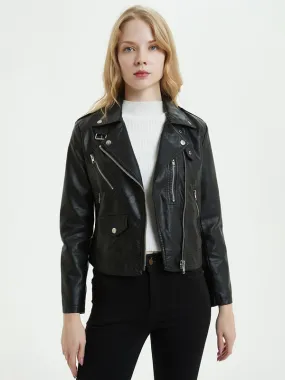 Faux Leather Moto Jacket PU Turndown Collar Zipper Boyfriend Style Slim Fit Lapel Spring Fall Black Biker Outerwear for Women