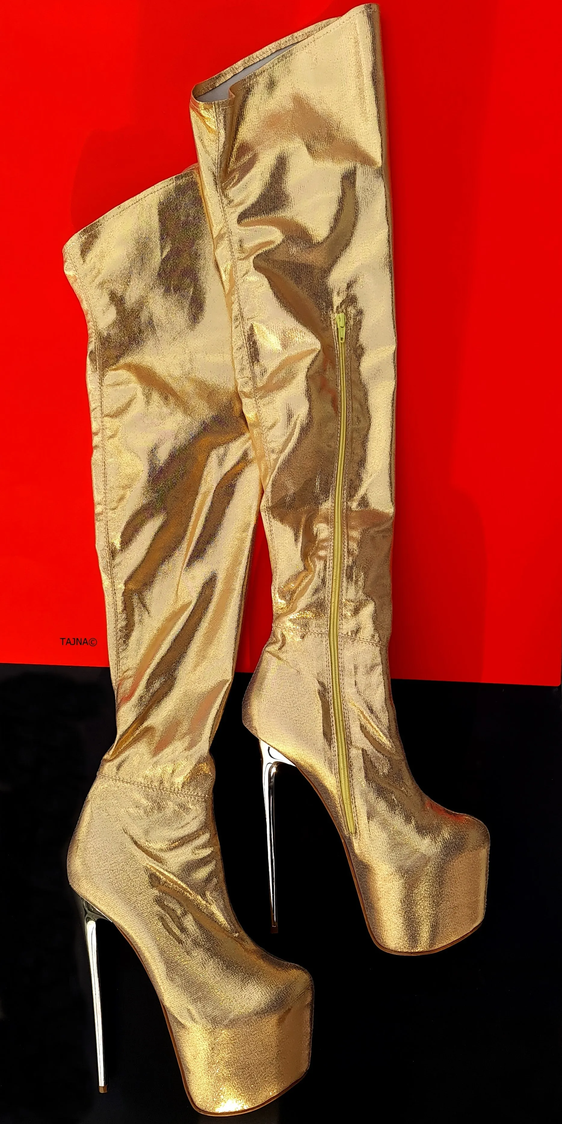 Gold Shimmer Over The Knee Metallic Heel Boots