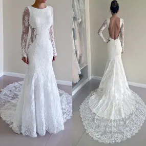 Gorgeous Round Neck Long Sleeve Sexy Mermaid Backless Lace Wedding Party Dresses, WD0040