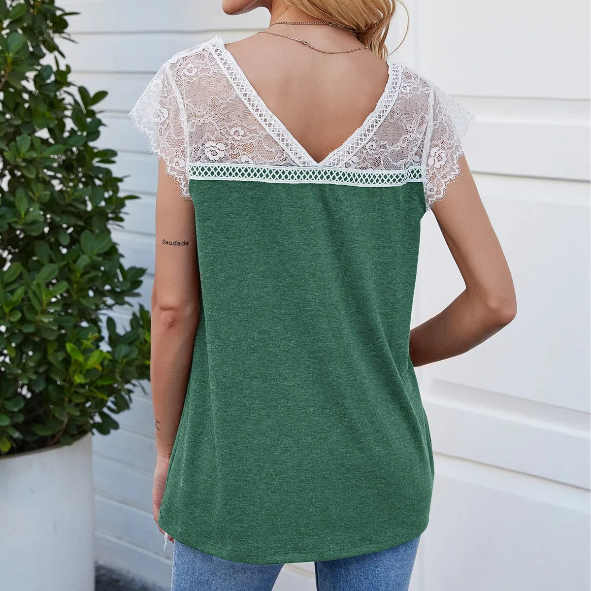 Haute Edition V-Neck Lace Flowy Tee