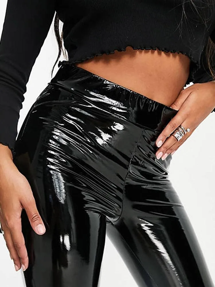 High-Waist Shiny Pencil Leggings - Ladies Casual Bodycon Trousers with Elastic Band