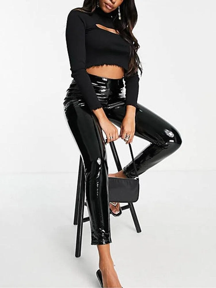 High-Waist Shiny Pencil Leggings - Ladies Casual Bodycon Trousers with Elastic Band