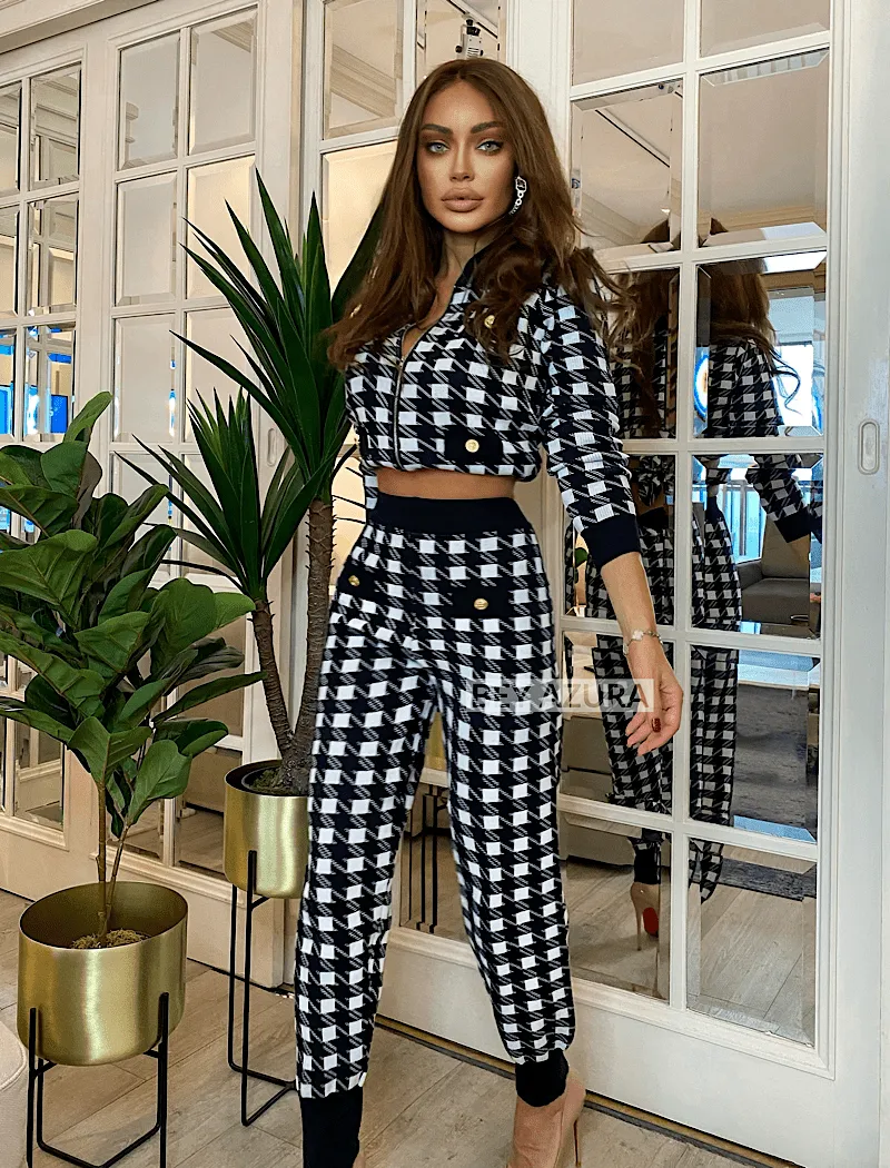 Houndstooth Long Sleeve Zipper Front Top and Pants Two Piece Loungewear Knit Set