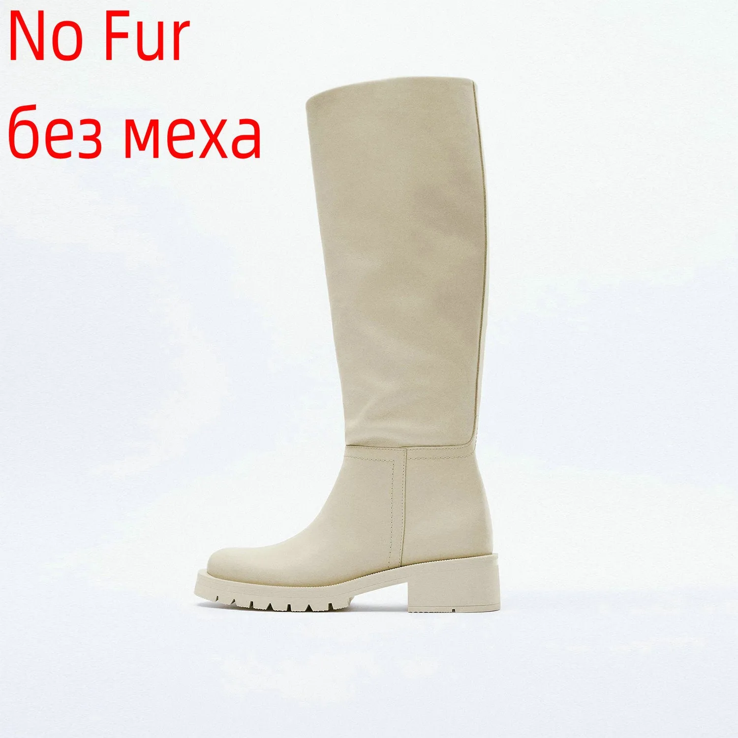 Knee High Boots Full Cow Leather Warm Flats Thick High Heels Motorcycle Boots Woman Lady Shoes 34-43