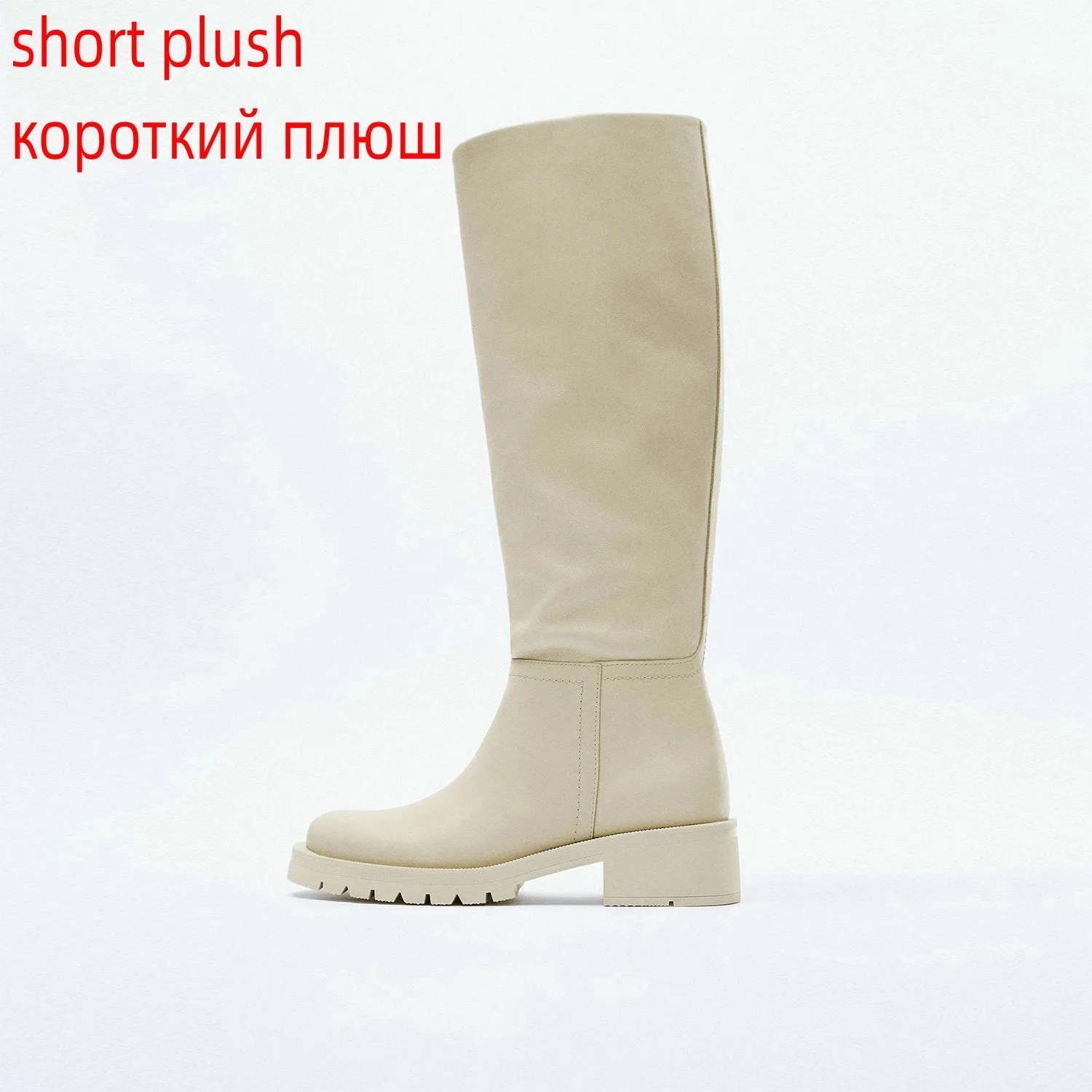 Knee High Boots Full Cow Leather Warm Flats Thick High Heels Motorcycle Boots Woman Lady Shoes 34-43