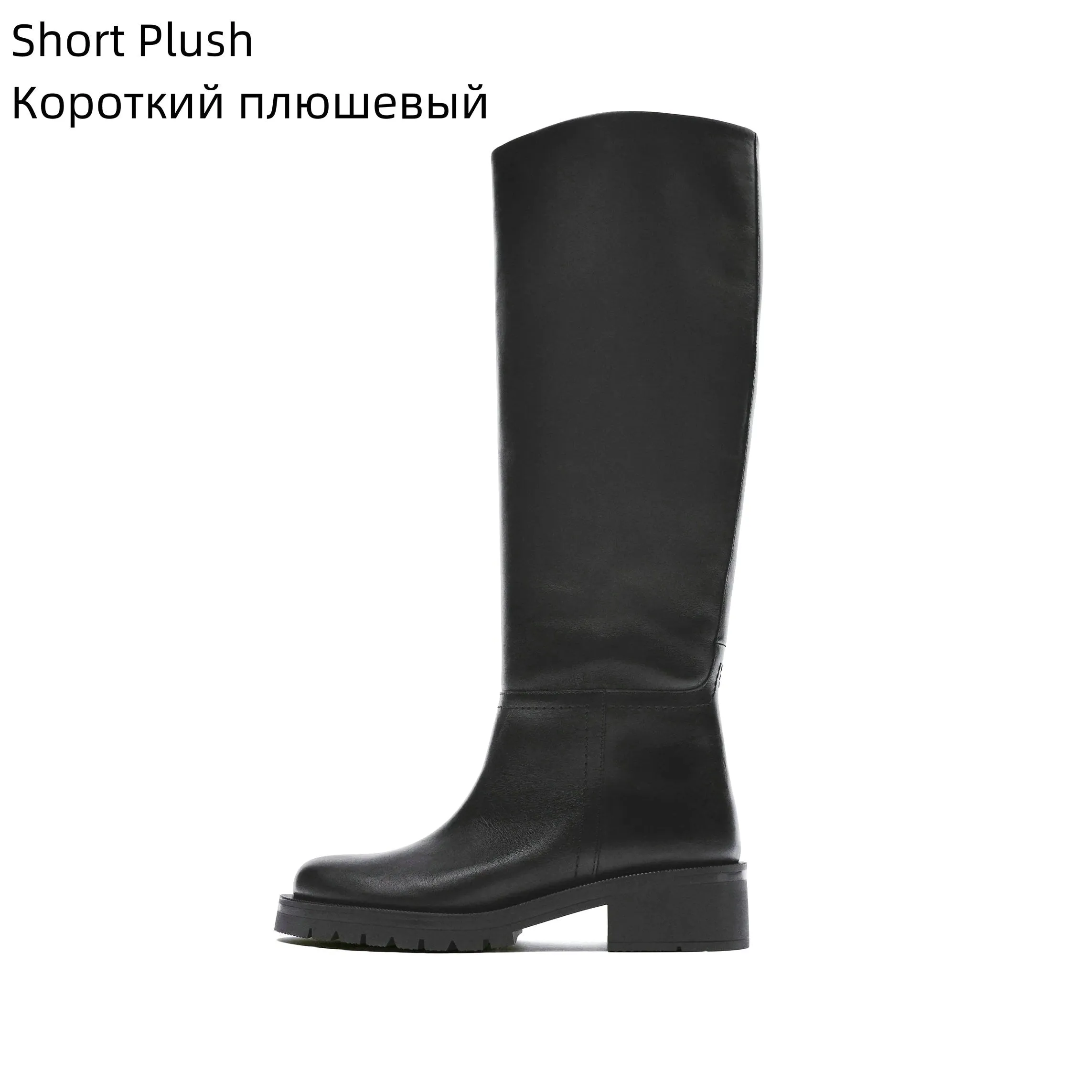 Knee High Boots Full Cow Leather Warm Flats Thick High Heels Motorcycle Boots Woman Lady Shoes 34-43