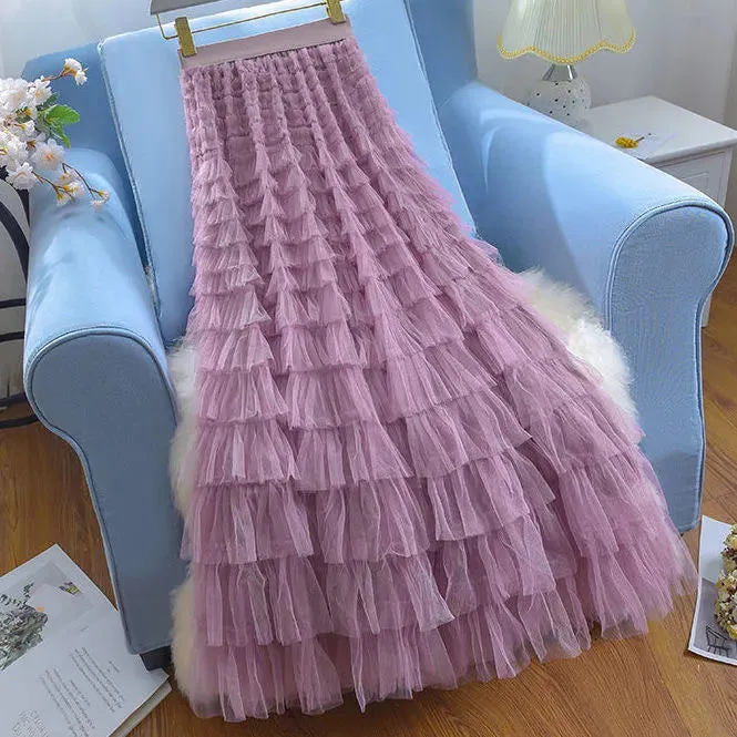 Long Skirt Layered Ruffles Design Elegant